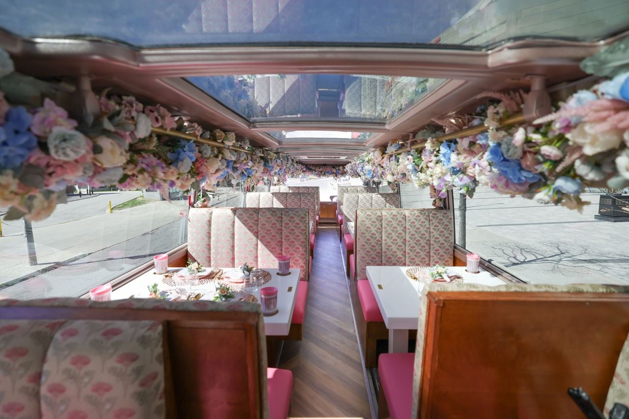 The inside of the High Sociétéa afternoon tea bus