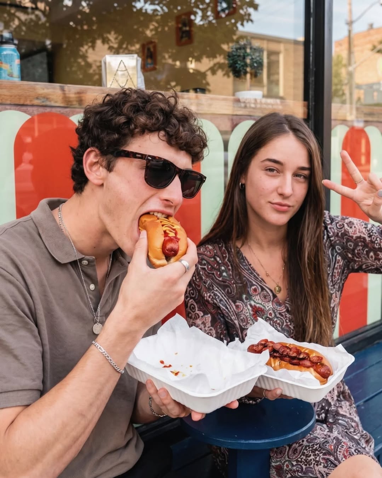 Two people eat hot dogs on the patio at Tino's