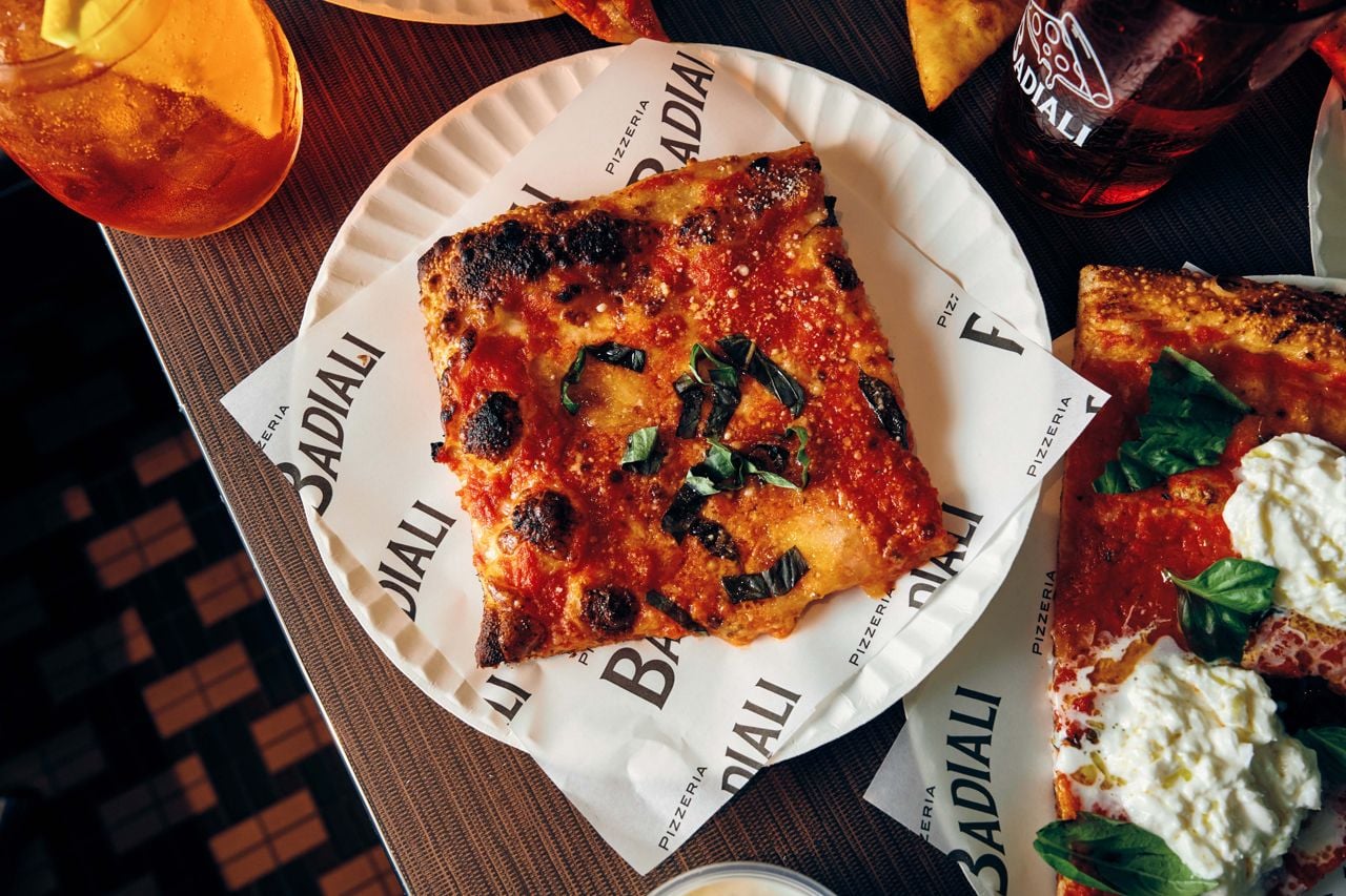 A slice of grandma-style pie at Pizzeria Badiali