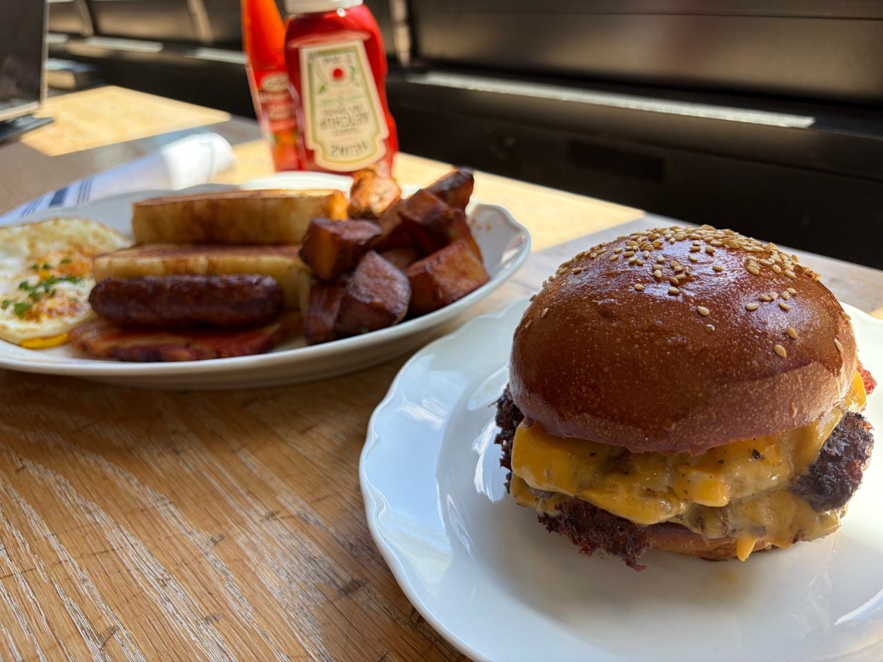 A closeup of the Victory Burger at Cafe Paradise