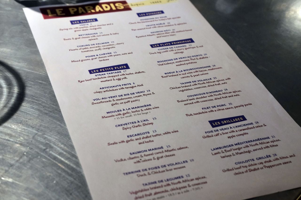 The menu at Le Paradis