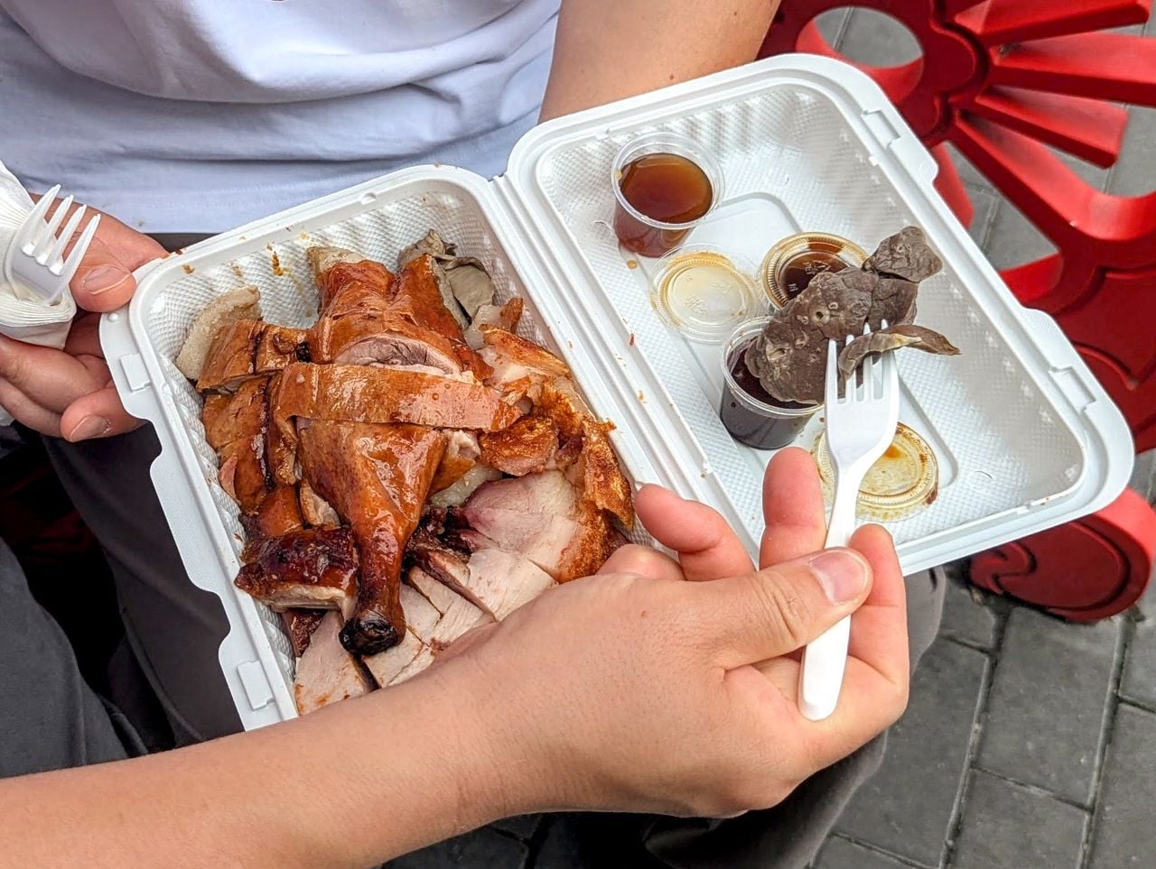 A barbecue combo plate from New Hong Fatt BBQ Restaurant