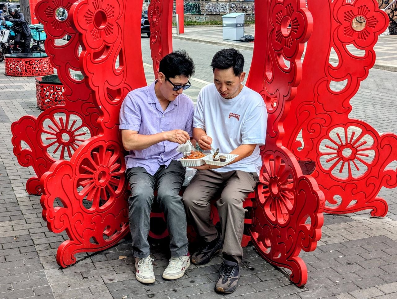 Chefs Jeff Kang and Ed Bang share an order of barbecue from New Hong Fatt in Chinatown
