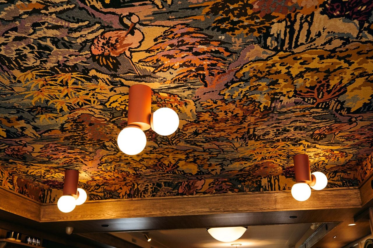 The carpeted ceiling at Book Bar