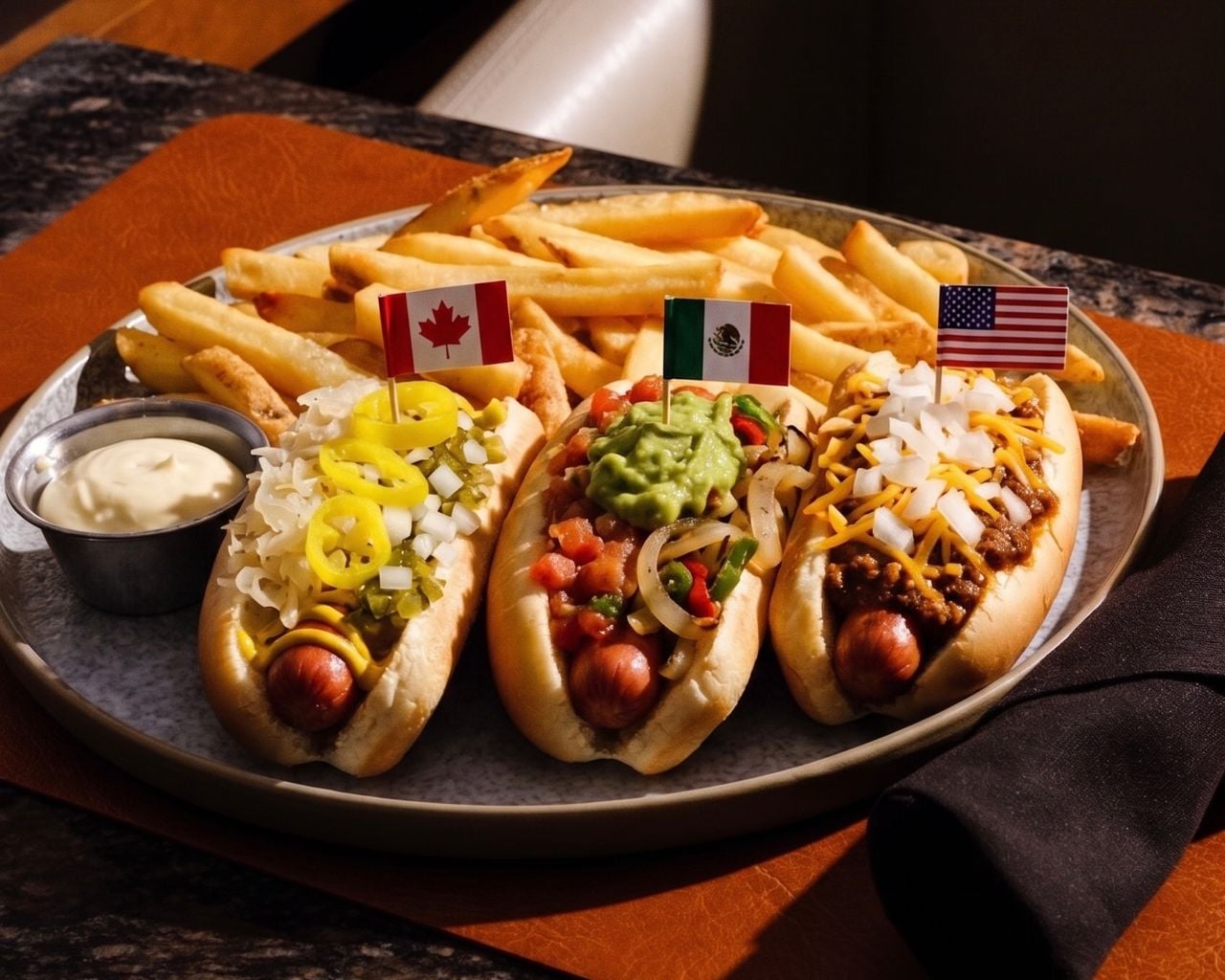A trio of hot dogs with fries