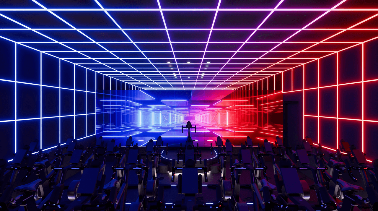 Room with bikes and neon lights