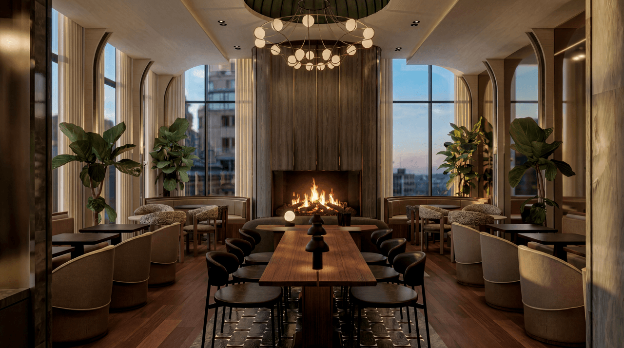 Room with funky chairs and light fixtures