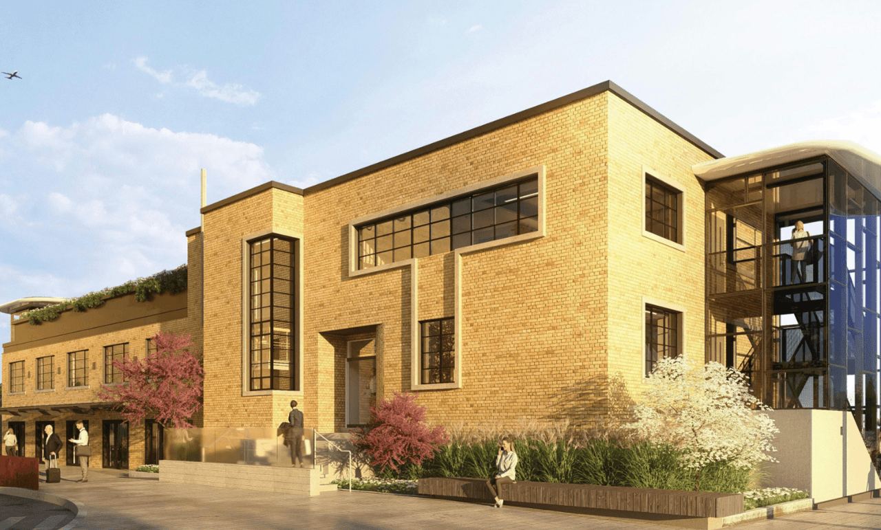 Rendering of a yellow brick building