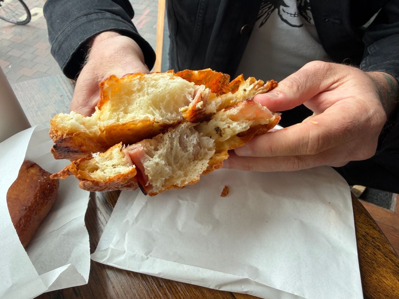 Inside a ham and cheese croissant