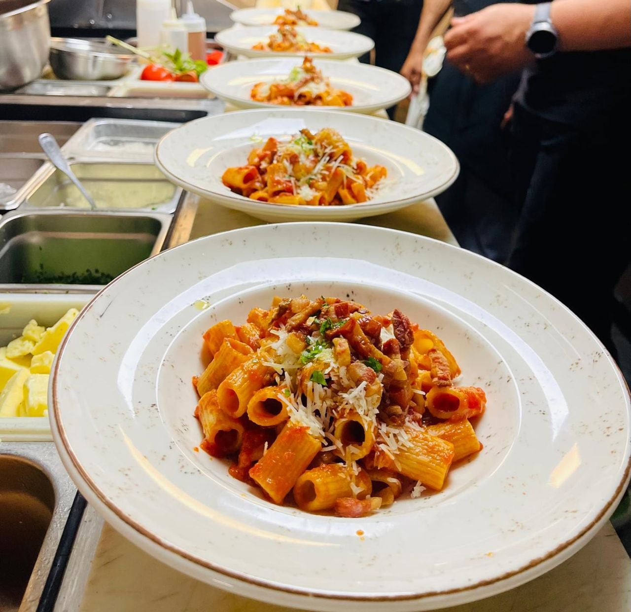 Bowls of pasta in the kitchen at Gigi's in Toronto
