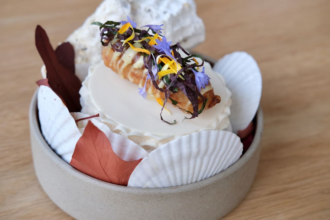 The second scallop dish of the night, also made with Nova Scotia–sourced mollusks, comes in nugget form. The crispy, tempura-battered bite comes with a swipe of smoked plum jam, which is a wink at McDonald’s chicken nuggets, the gold standard of nugs in Austin’s eyes