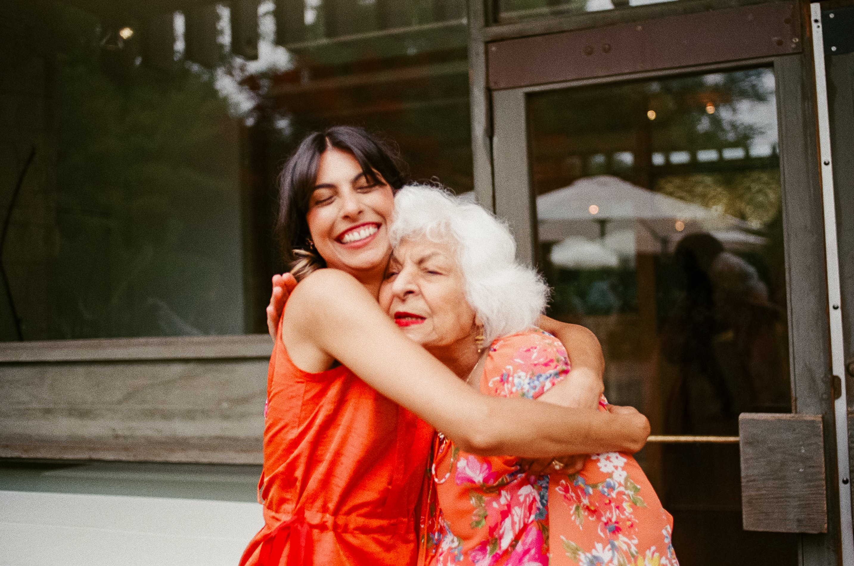 Melina and a relative at her wedding to Zach at the Toronto Botanical Gardens