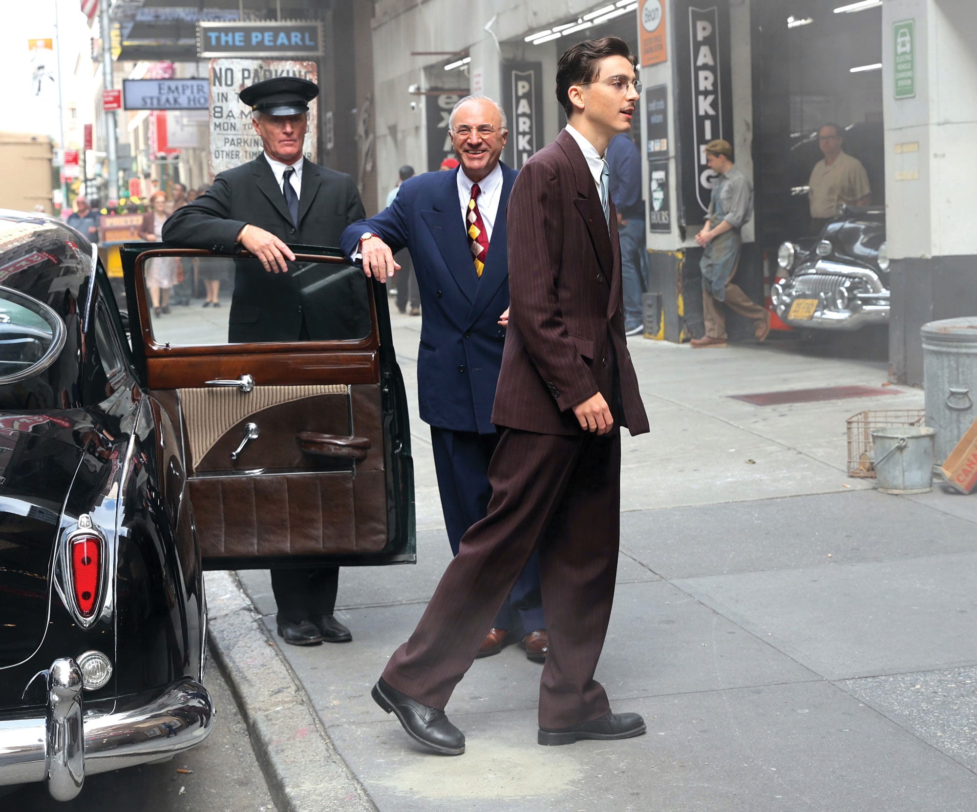 O’Leary and Timothée Chalamet on set in Times Square in October of 2024