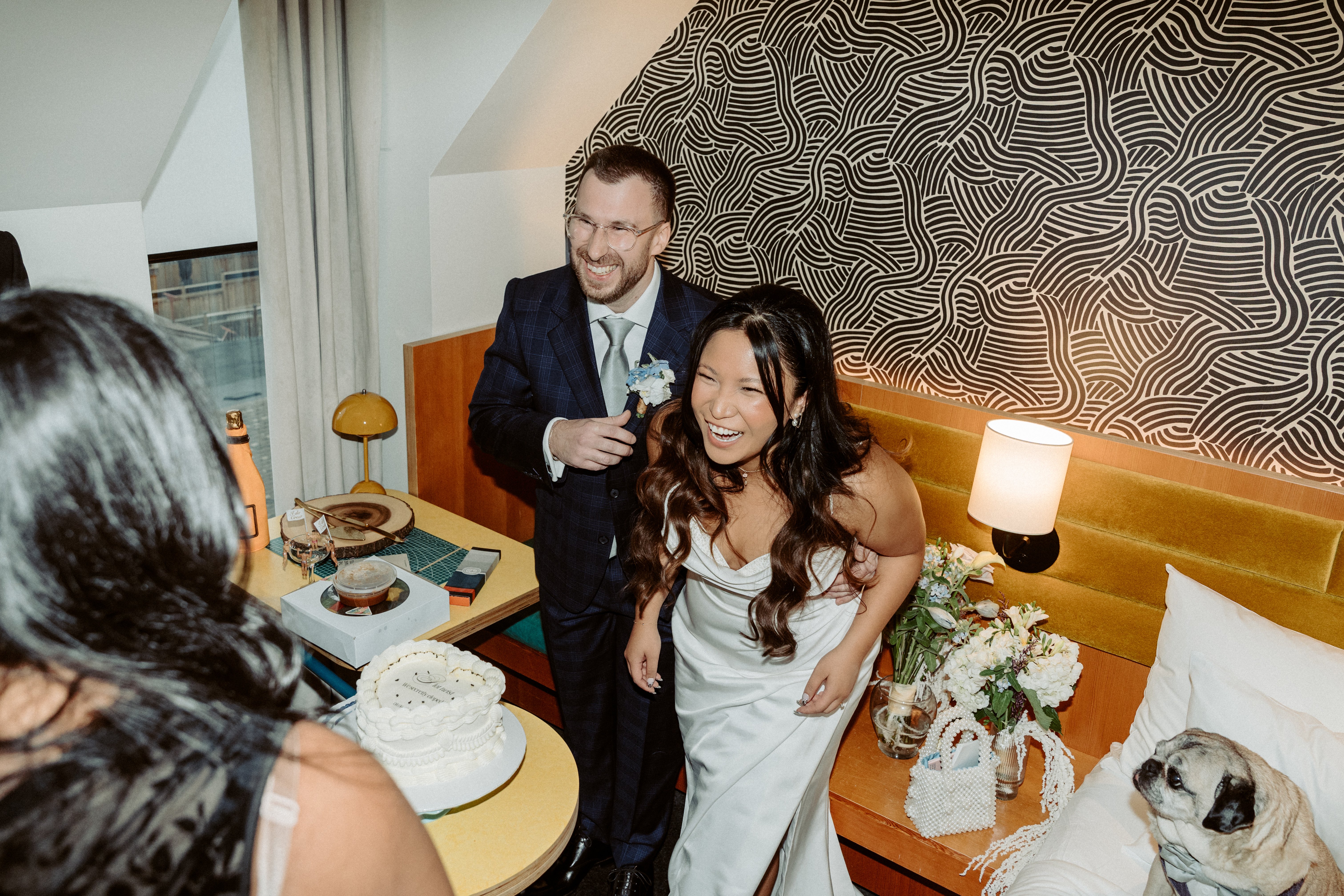 Bride and groom laughing