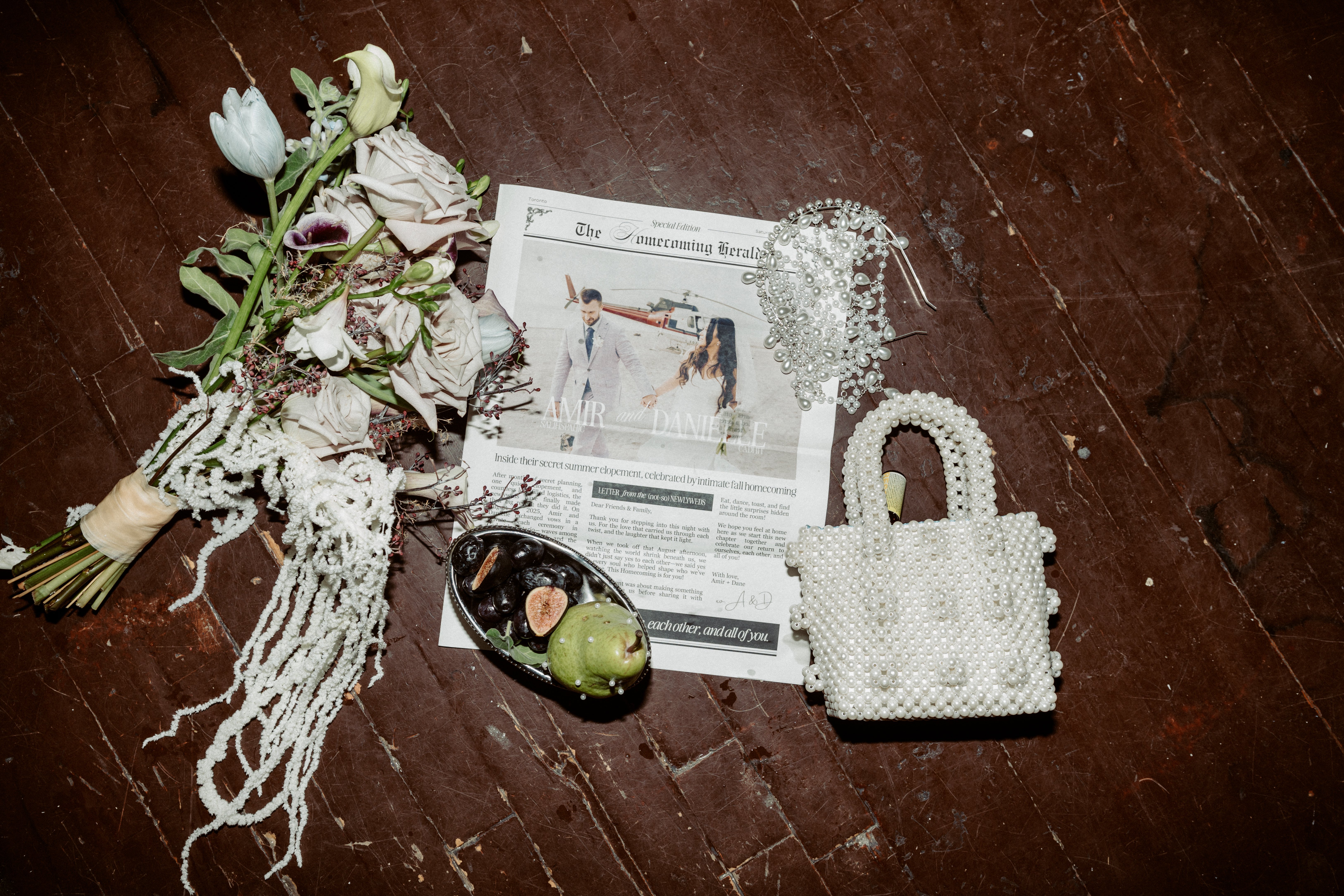 Wedding florals and beaded purse