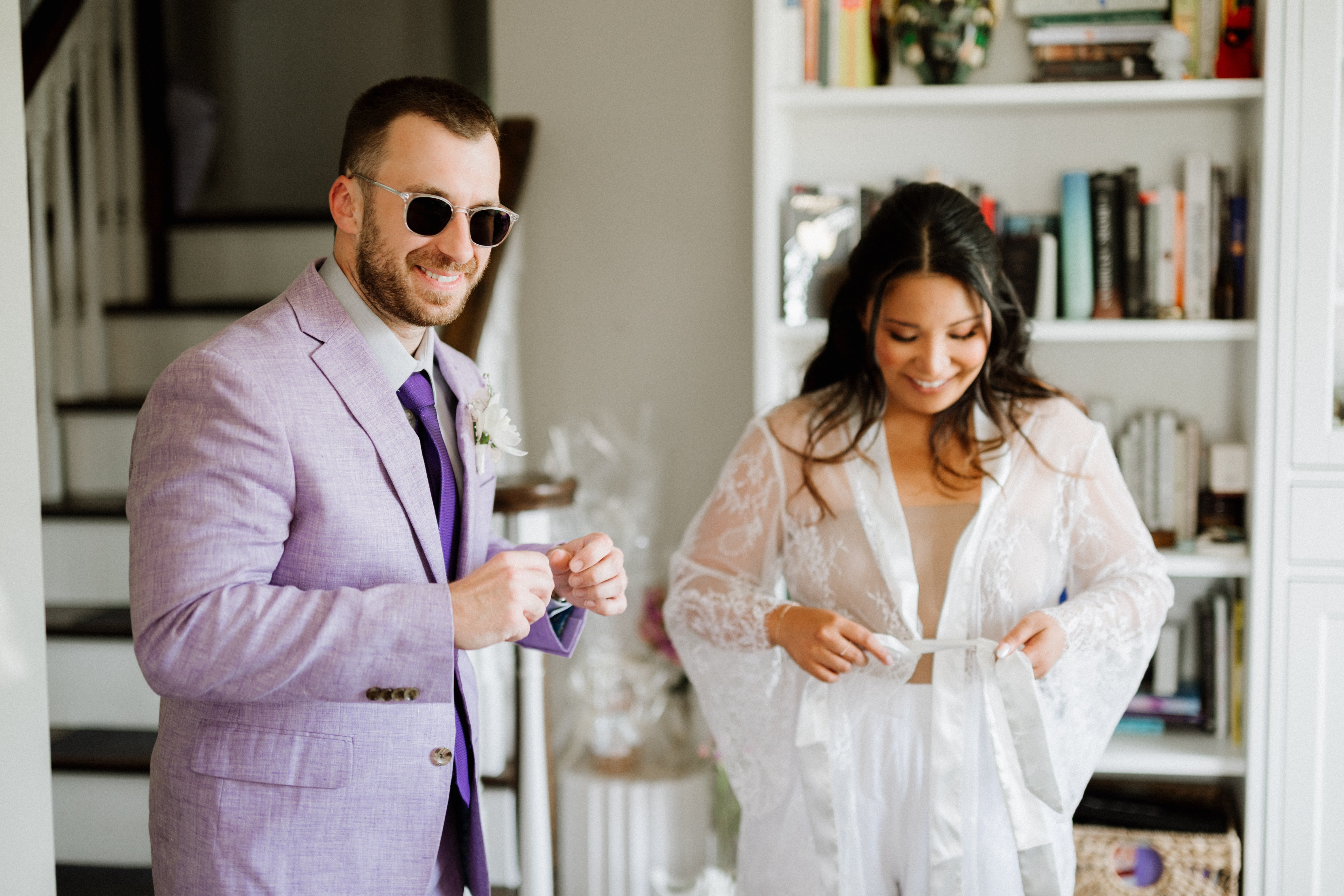Bride and groom getting ready