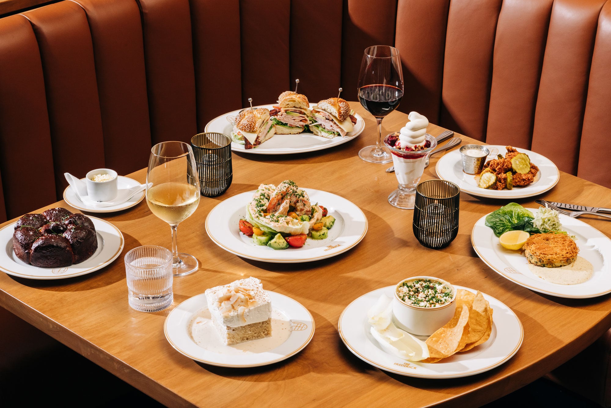 A spread of dishes and drinks at the Frederick